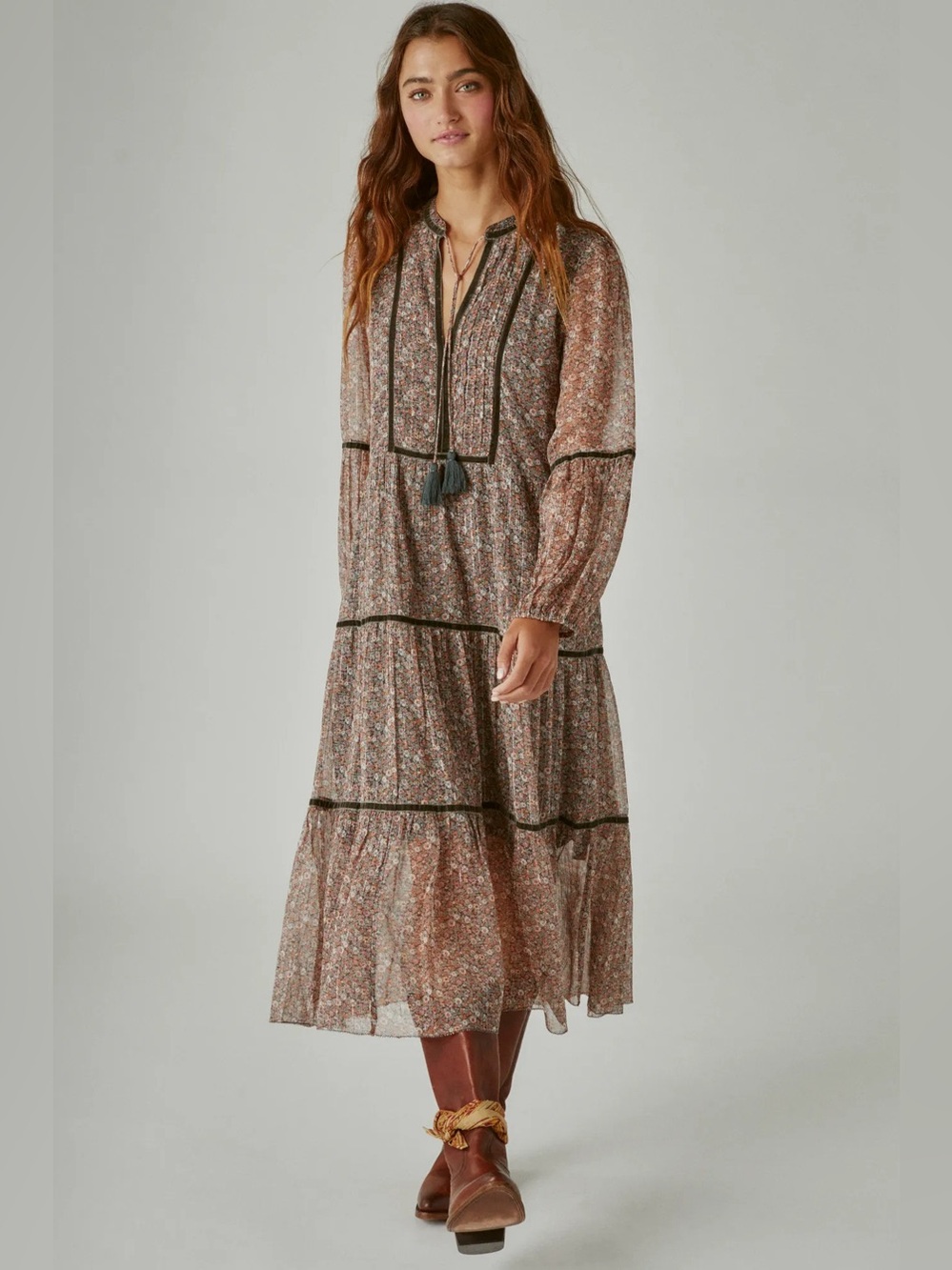 Lucky Brand Bohemian Tiered Black Floral Long Sleeve Maxi Dress size XL